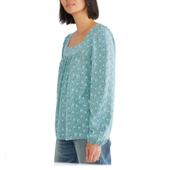 Lucky Brand Long Sleeve Top, Square Neck, Green Floral Pattern, Boho - Picture 1 of 10